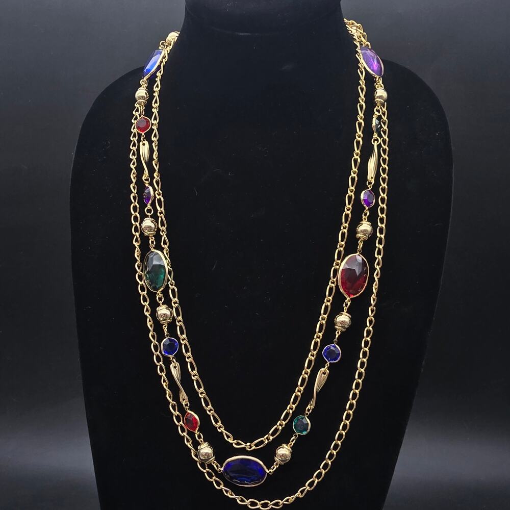 VIntage Gripoix Gold Tone Layered Chain Necklace Three Strand